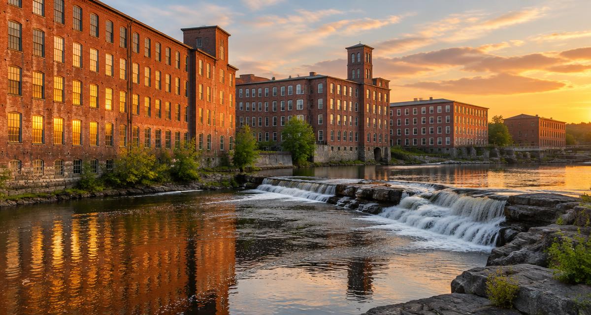 Historic brick mill buildings along the Saco River falls in Biddeford, Maine