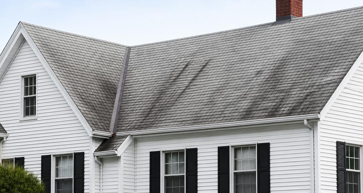 Weathered asphalt shingle roof surface after storm exposure
