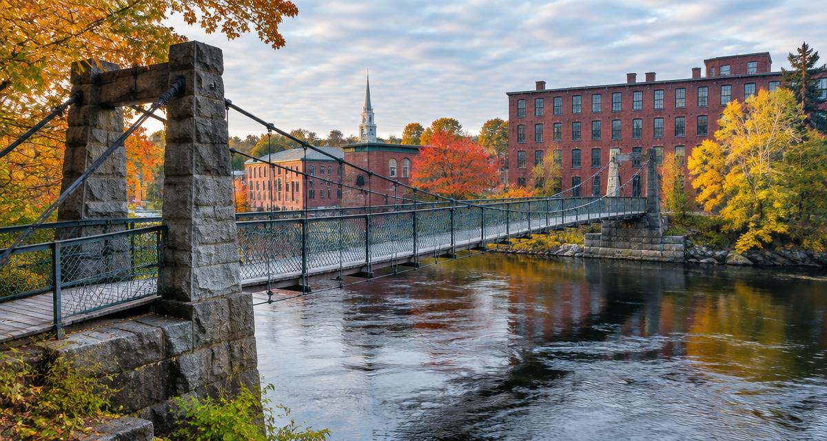 The Androscoggin Swinging Bridge in Brunswick, Maine, with fall foliage and mill buildings