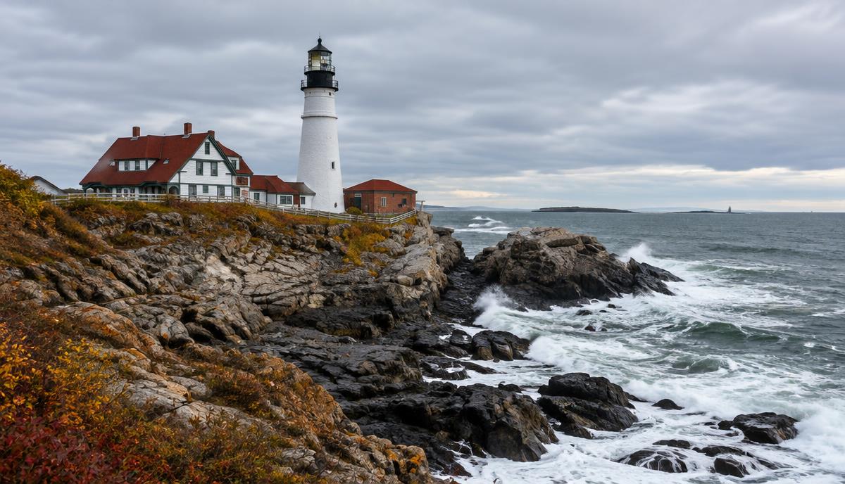 Portland Head Light on the rocky Cape Elizabeth shoreline