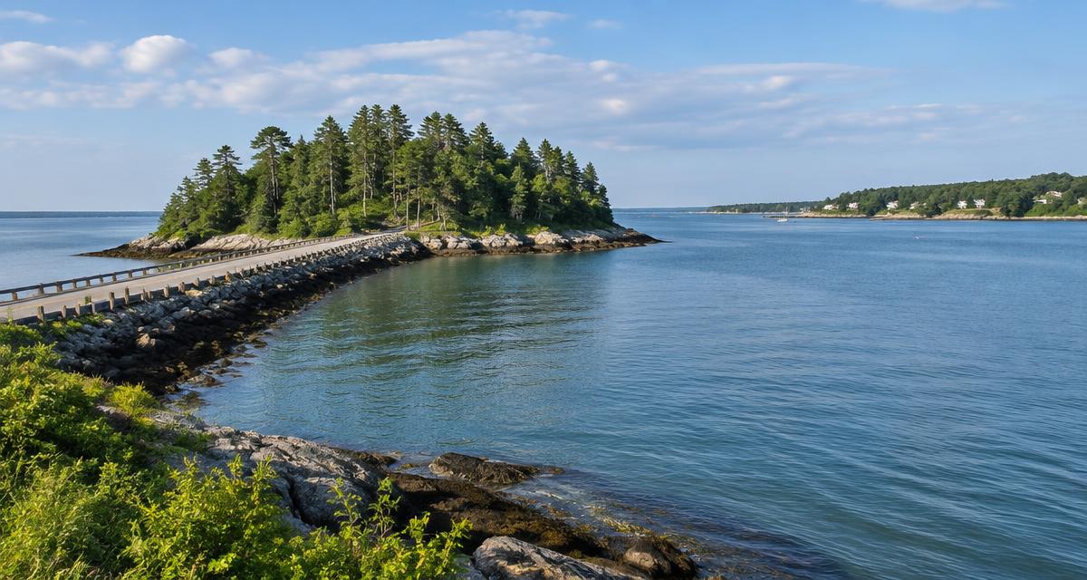 Mackworth Island causeway and the Falmouth Foreside coastline in Falmouth, Maine