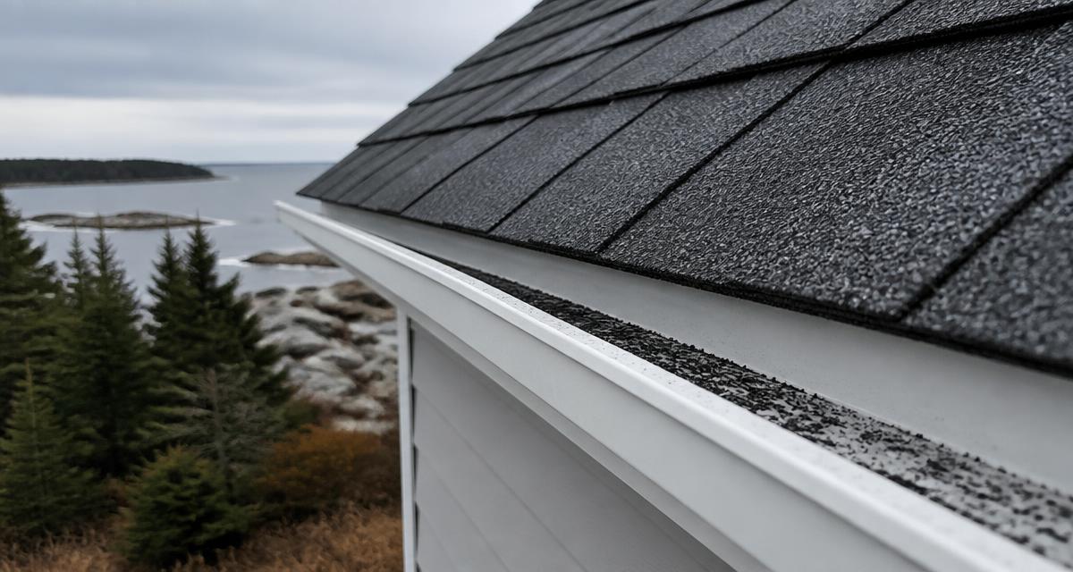 Loose asphalt shingle granules collected along a roof gutter
