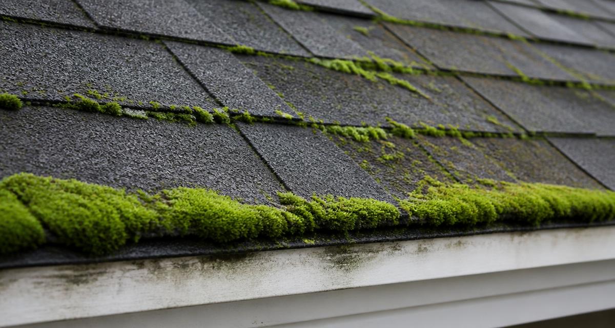 Moss growing along the edges of shaded asphalt roof shingles