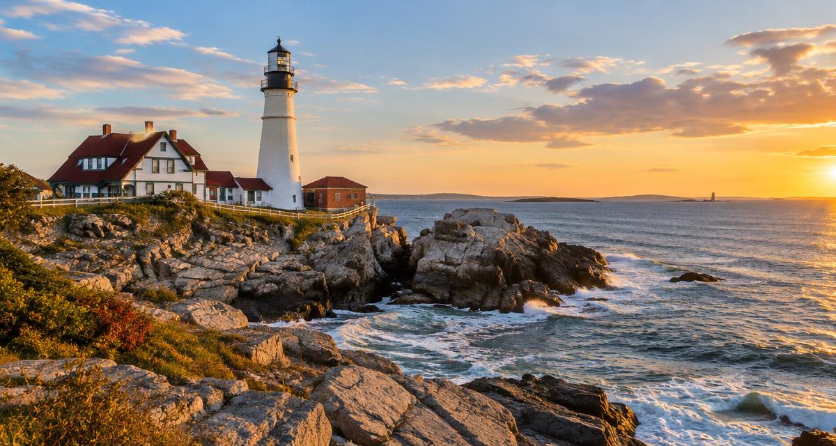 Portland Head Light on the rocky Casco Bay coastline near Portland, Maine