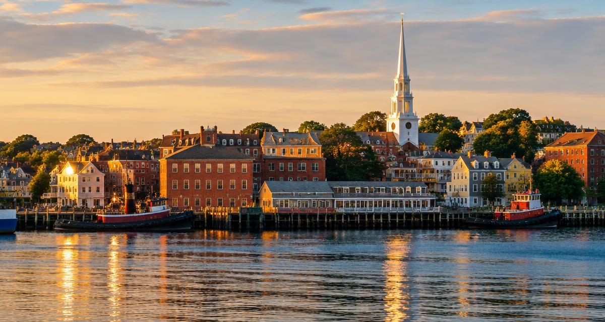 The Portsmouth, New Hampshire waterfront and North Church steeple on the Piscataqua River