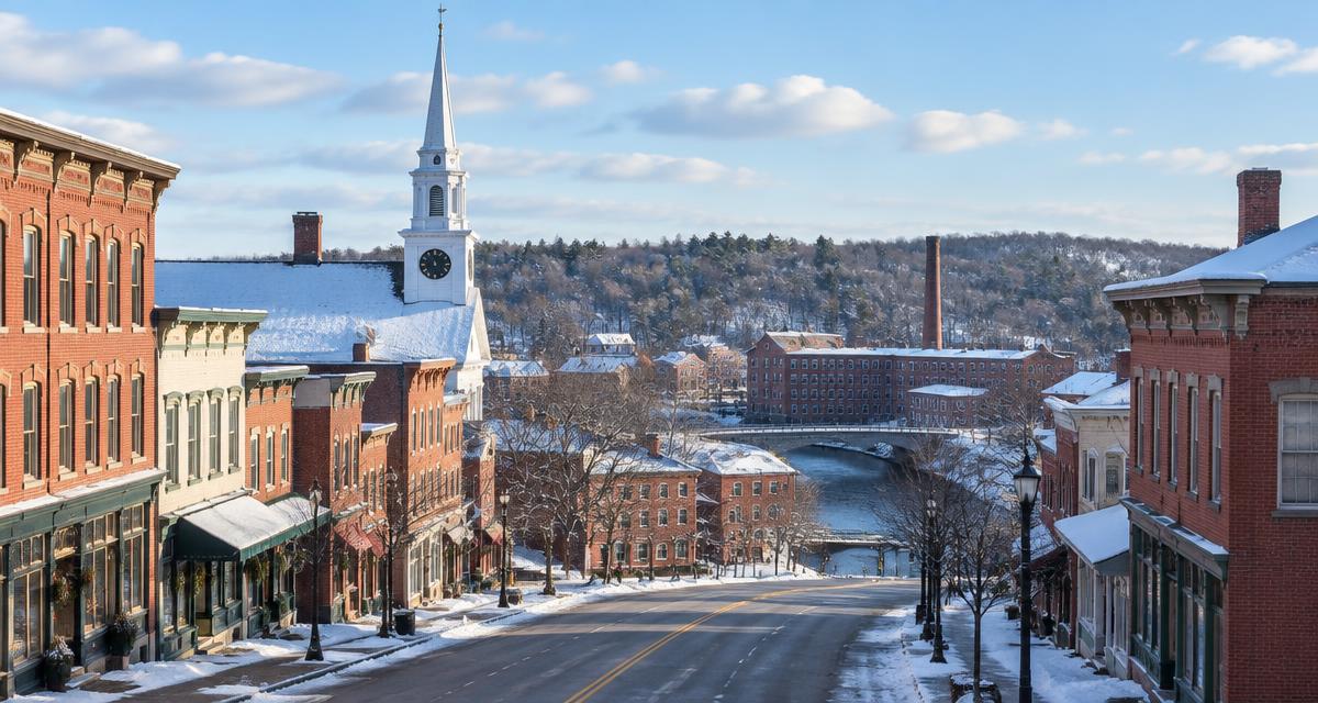 Downtown Rochester, New Hampshire main street with snow on the rooftops