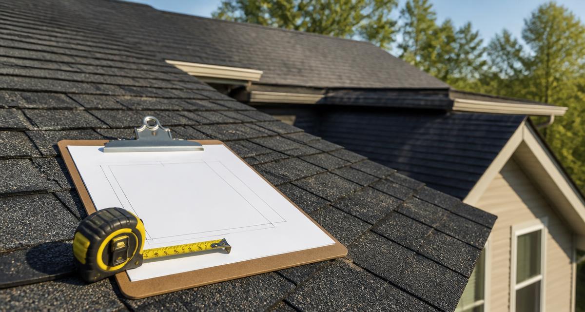 Roof measurement sketch and tape measure on an asphalt shingle roof
