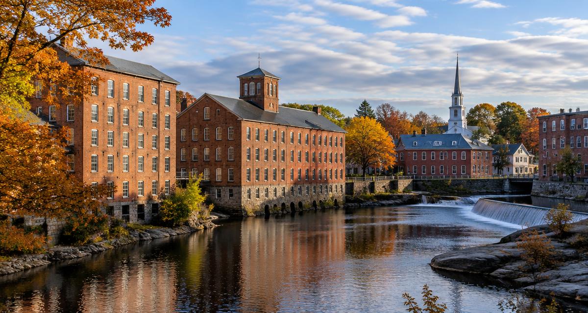 Historic mill buildings along the Mousam River in Sanford, Maine
