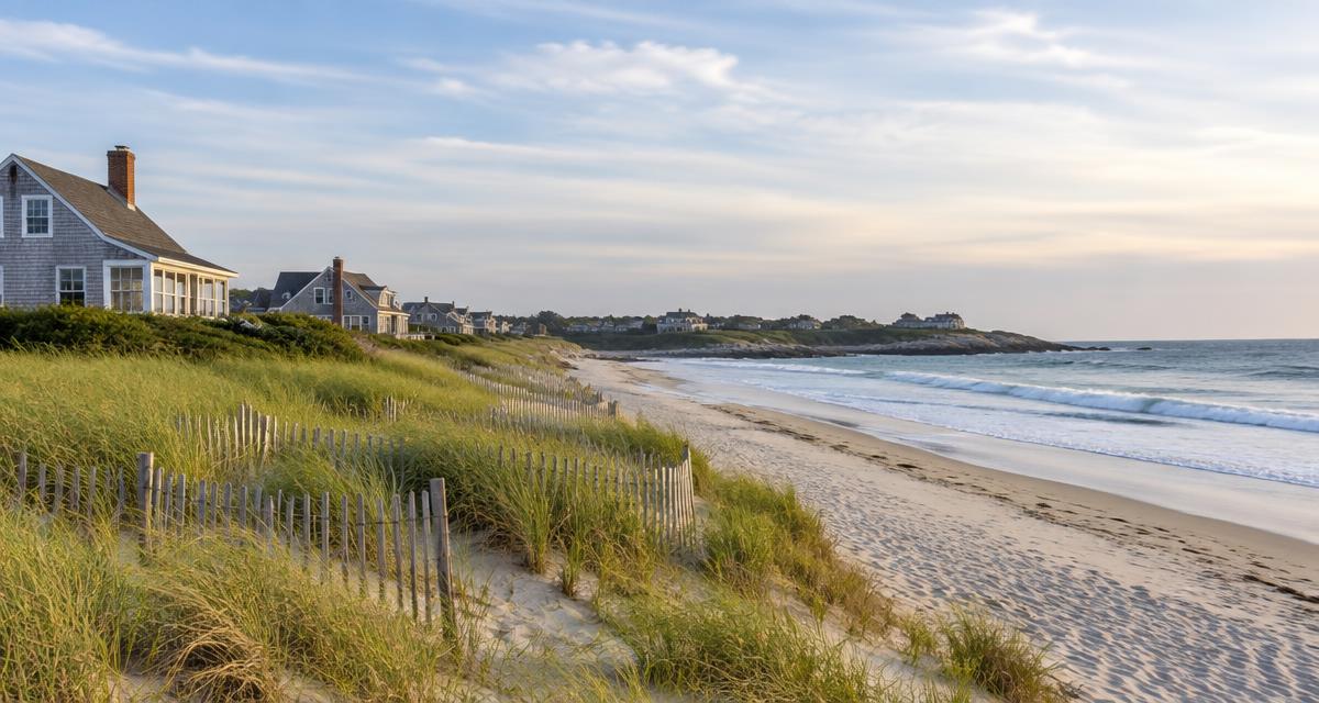 Higgins Beach in Scarborough, Maine, with dune grass and beach cottages