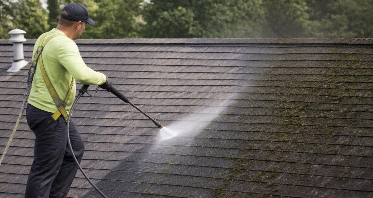 Technician cleaning moss from asphalt shingles at low pressure