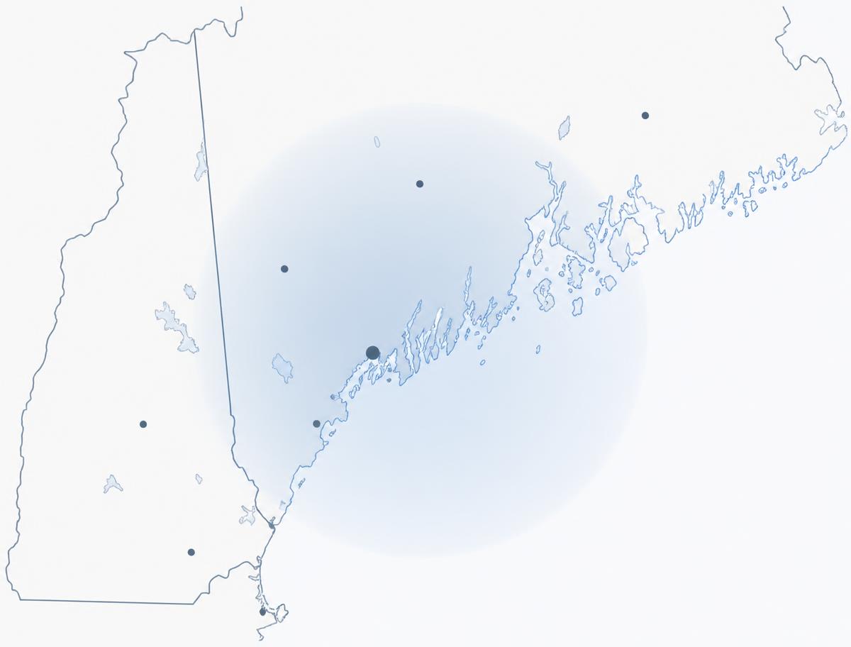 Map of the VitalRoofs service radius centered on Portland, Maine, covering Southern Maine and Southern New Hampshire