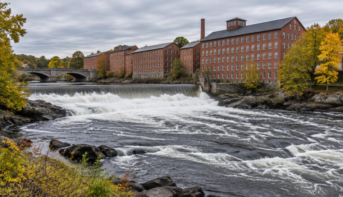Saccarappa Falls on the Presumpscot River in Westbrook, Maine, with historic mill buildings