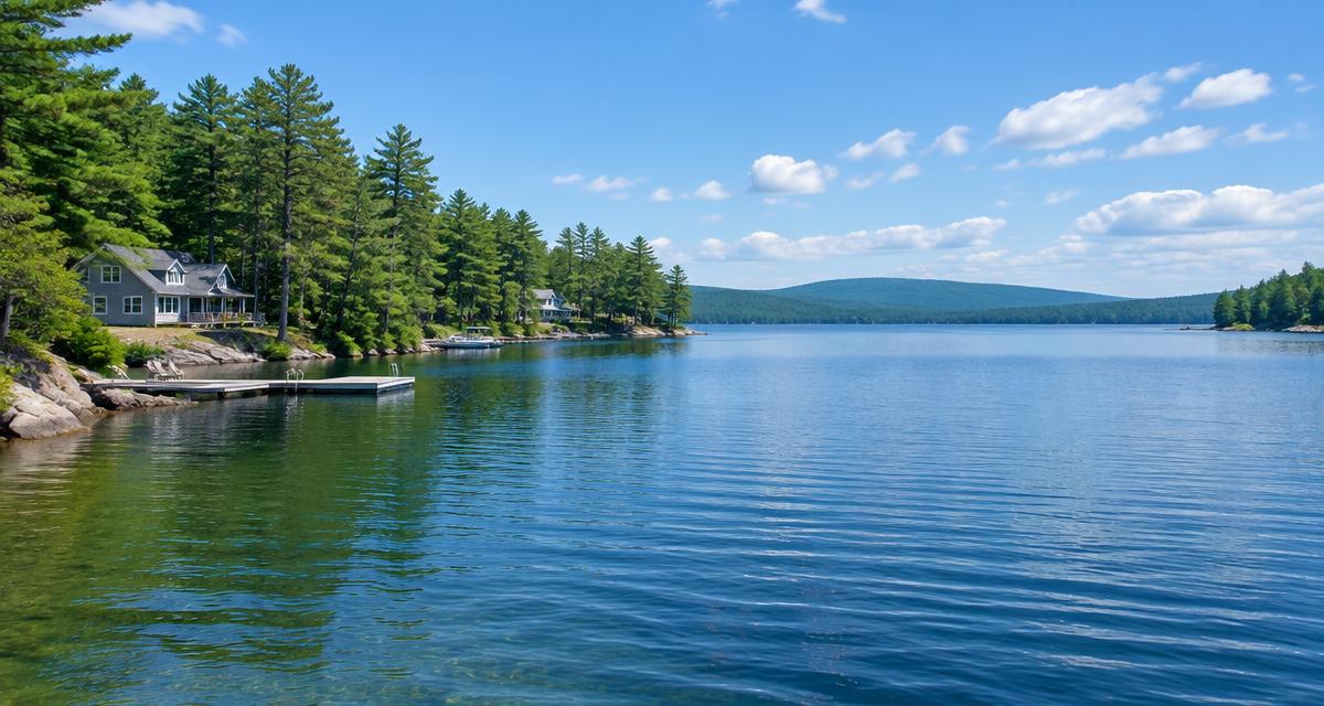 Sebago Lake shoreline with cottages near Windham, Maine