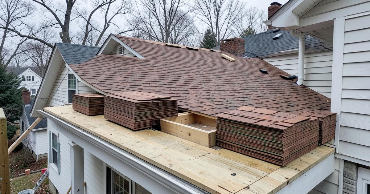 Asphalt shingle roof mid-replacement with old shingles partly removed